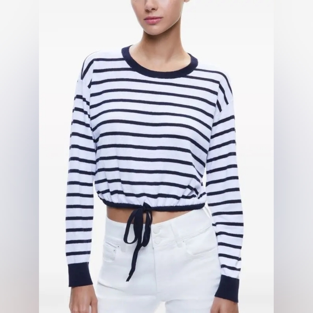 Alice + Olivia Blue White Striped Linen Cotton Long Sleeve Cropped Bernetta Top